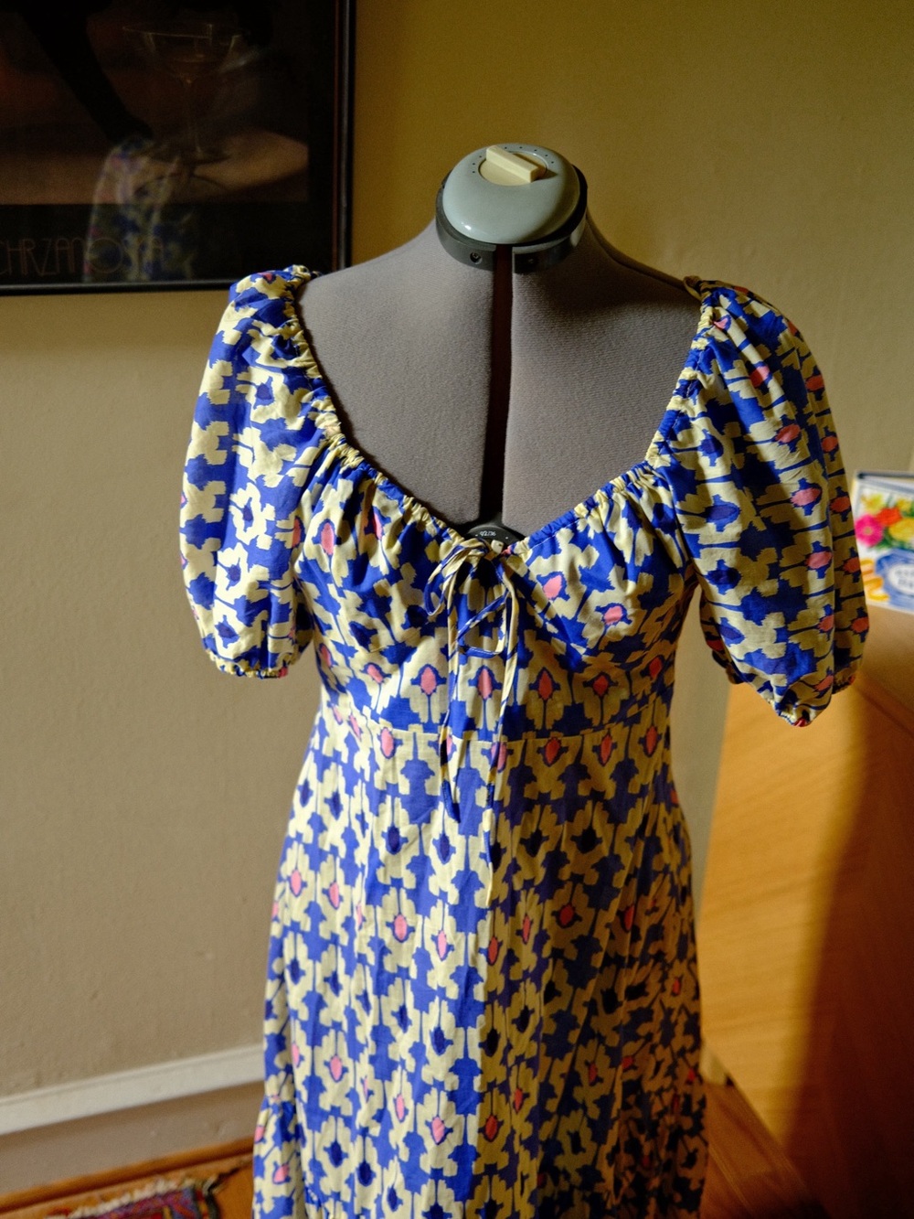 Zara Blue, Cream and Pink Printed Maxi Dress with Puff Sleeves - Picture 2 of 7